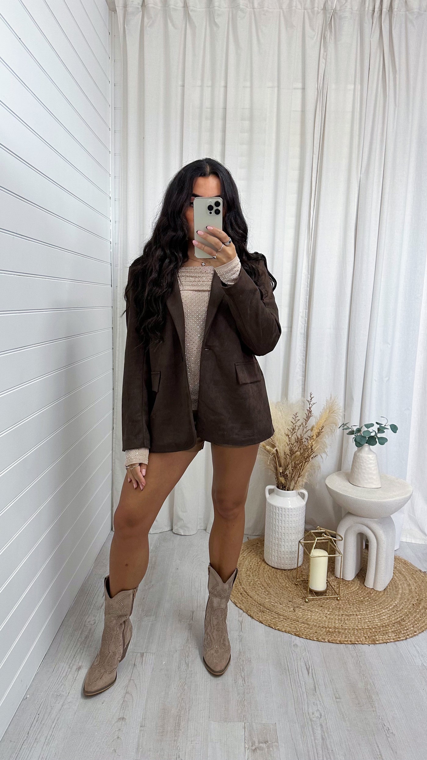 Suede Tailored Fit Blazer - BROWN