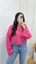Baggy Stripe Long Sleeve T-Shirt - RED/CANDY PINK