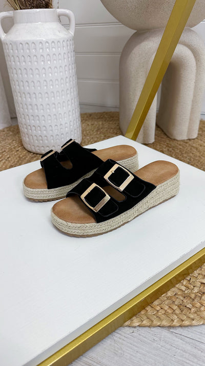 Gold Buckle Platform Sandals - BLACK