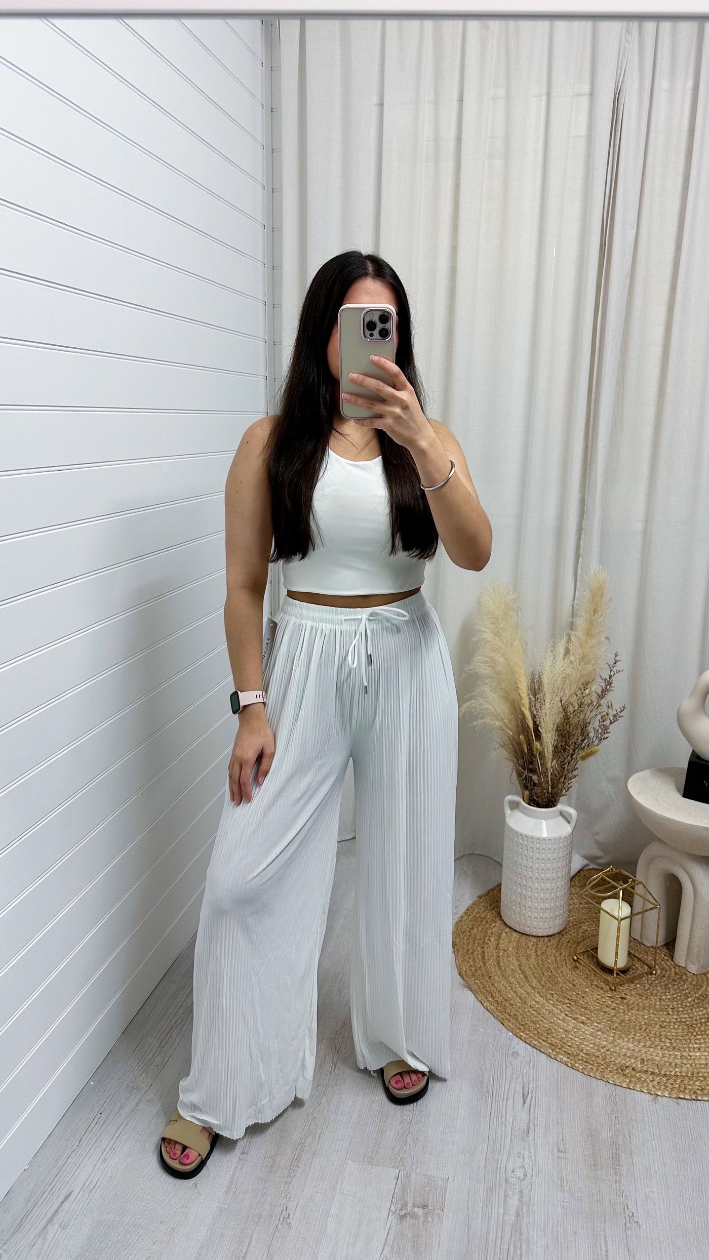 Plain Pleated Wide Leg Trousers - WHITE