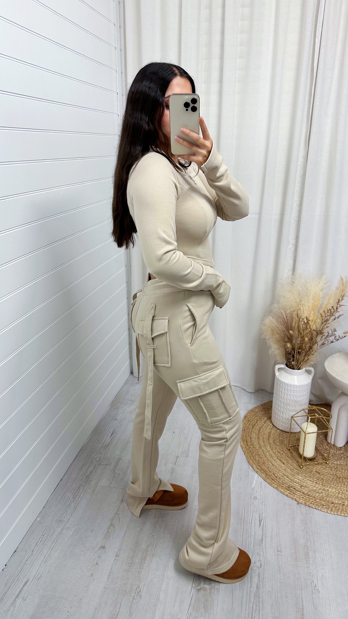 Cargo Cropped Jacket and Split Hem Joggers Tracksuit - LIGHT BEIGE