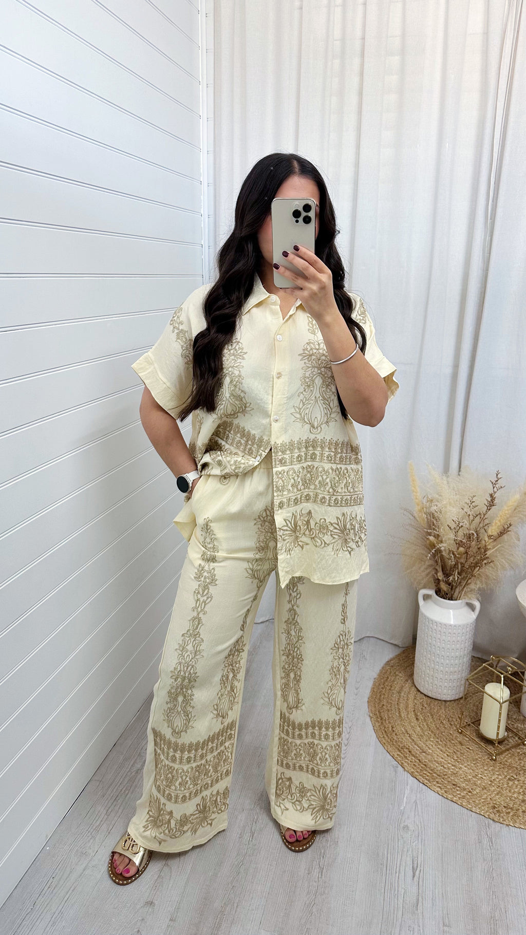 Gold Sparkle Embroidered Shirt and Trousers Co-Ord - CREAM