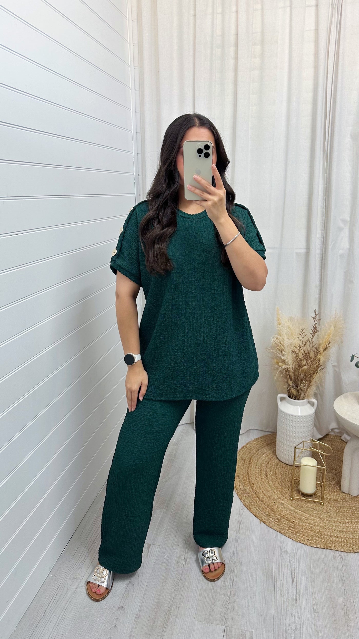 Cheesecloth Gold Button T-Shirt and Trousers Co-Ord - EMERALD GREEN