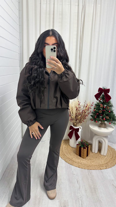 Cropped Athletic Bomber Jacket - BROWN