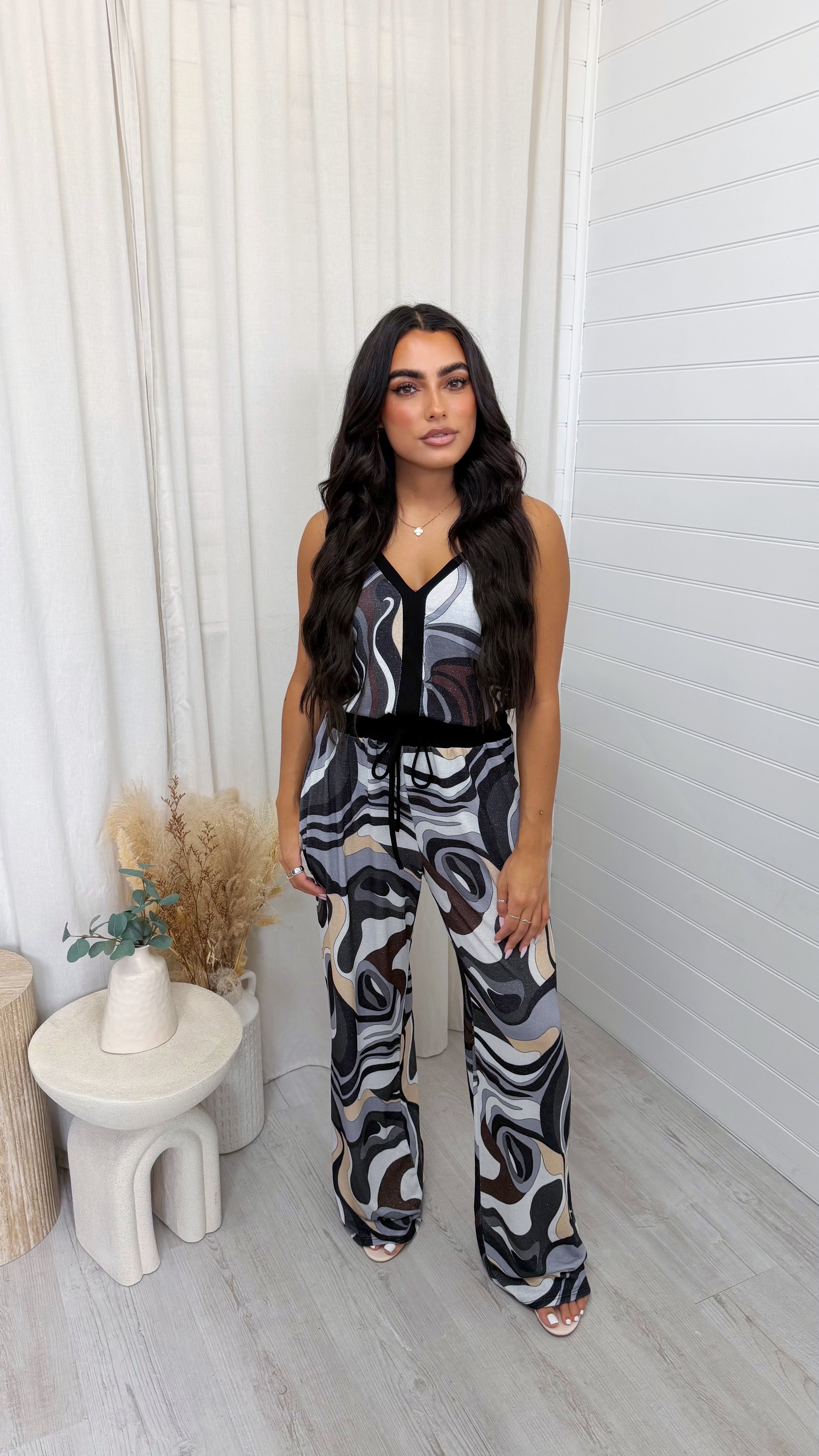 Shimmery Swirl Vest Top and Trousers Co-Ord - BLACK