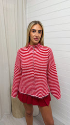 Stripe Zip Woollen Jacket  - RED/PINK