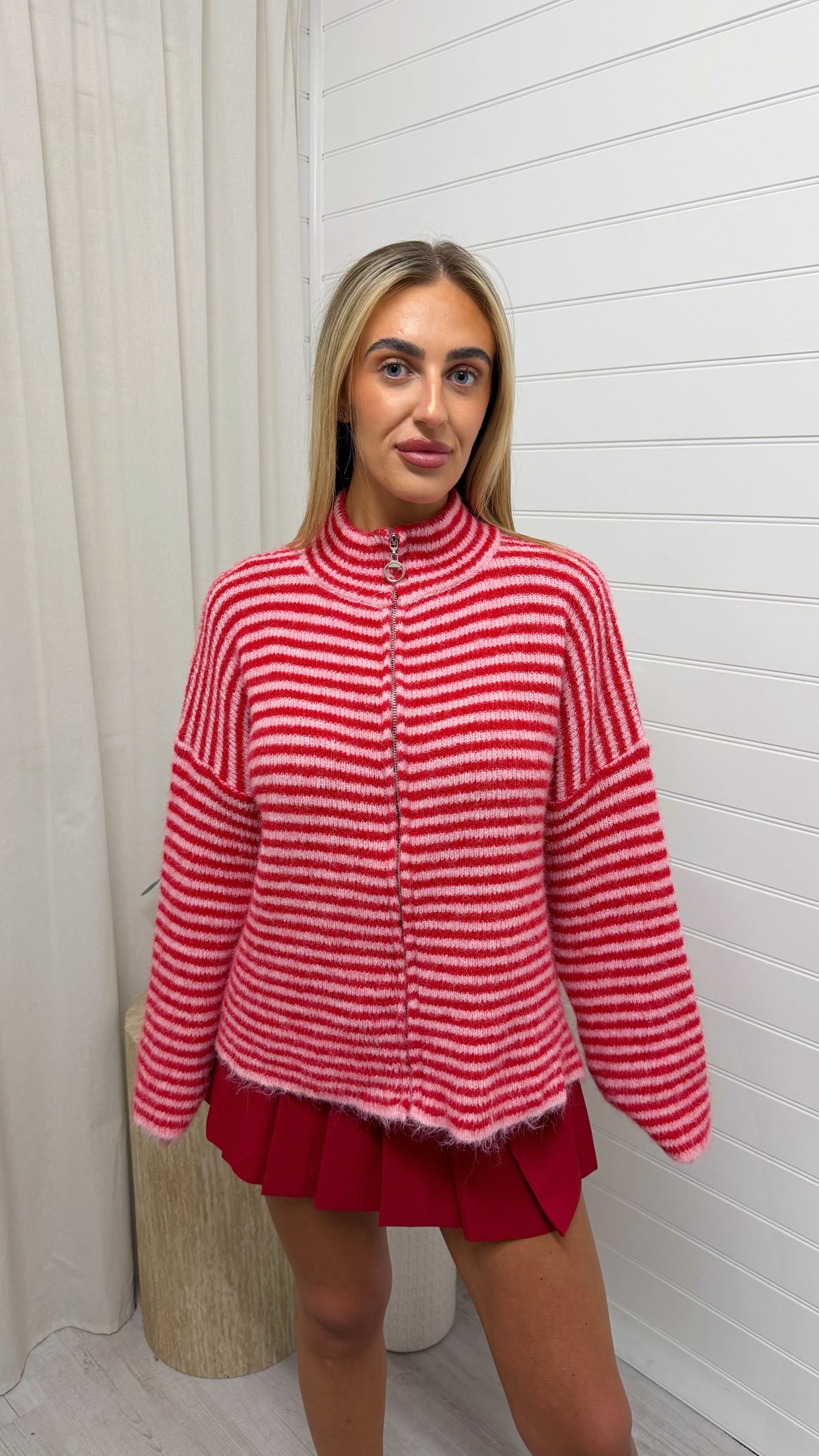 Stripe Zip Woollen Jacket  - RED/PINK
