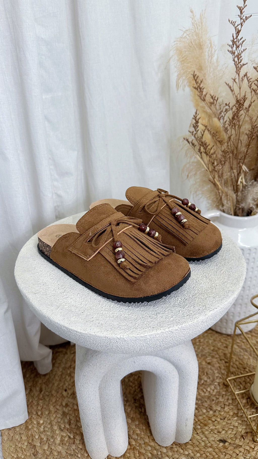 Beaded Tassel Suede Mules - CAMEL