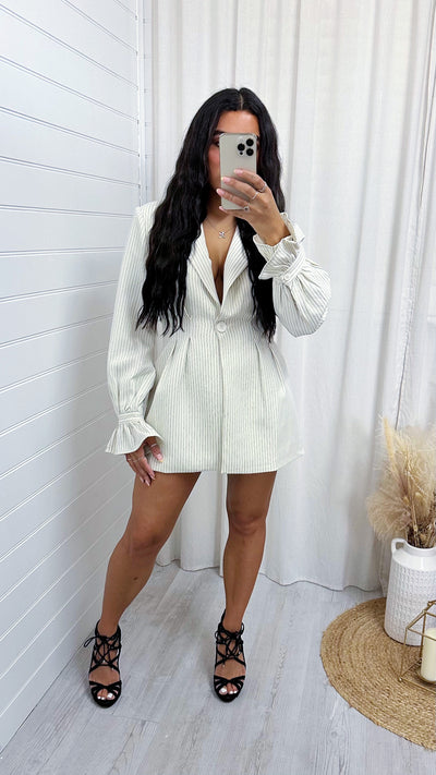 Pinstripe Cinched Waist Blazer - CREAM
