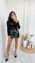 High Shine Sequin Mini Skirt - BLACK
