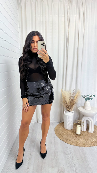 High Shine Sequin Mini Skirt - BLACK