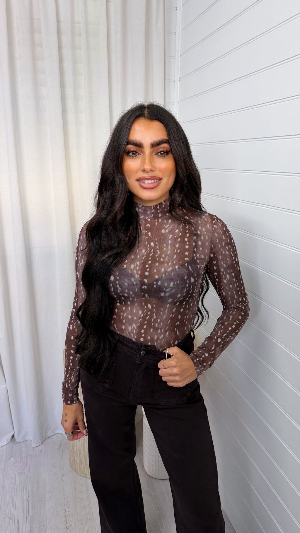 Deer Print Mesh Bodysuit - TAUPE