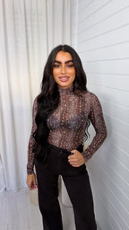 Deer Print Mesh Bodysuit - TAUPE