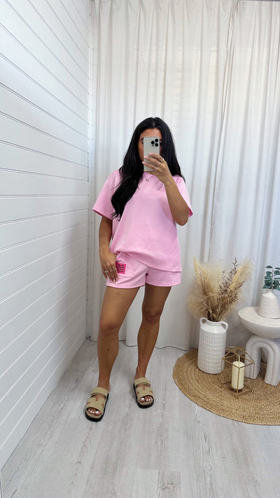 Graphic Badge Baggy T-Shirt and Shorts Co-Ord - PINK