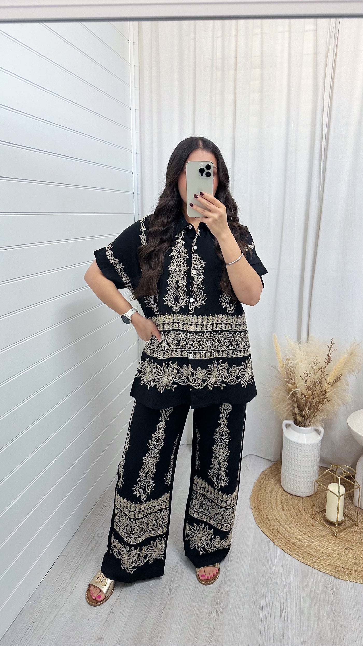 Gold Sparkle Embroidered Shirt and Trousers Co-Ord - BLACK
