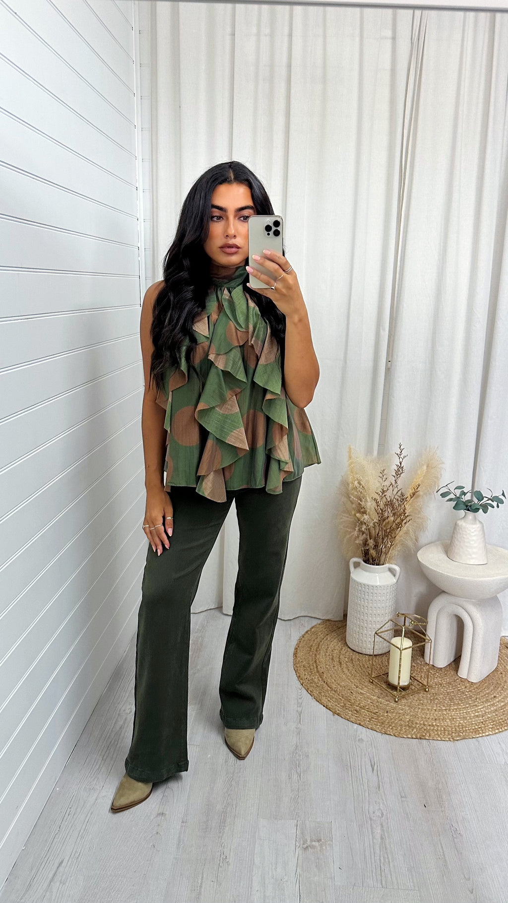 Halter Neck Chiffon Ruffle Front Top - KHAKI