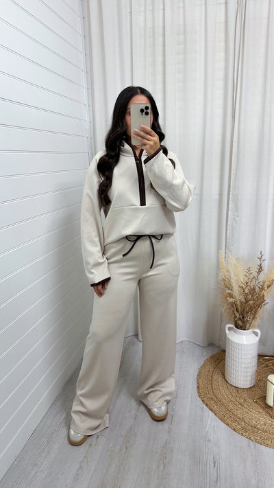 Contrast Half Zip Hoodie and Wide Leg Joggers Co-Ord - CREAM