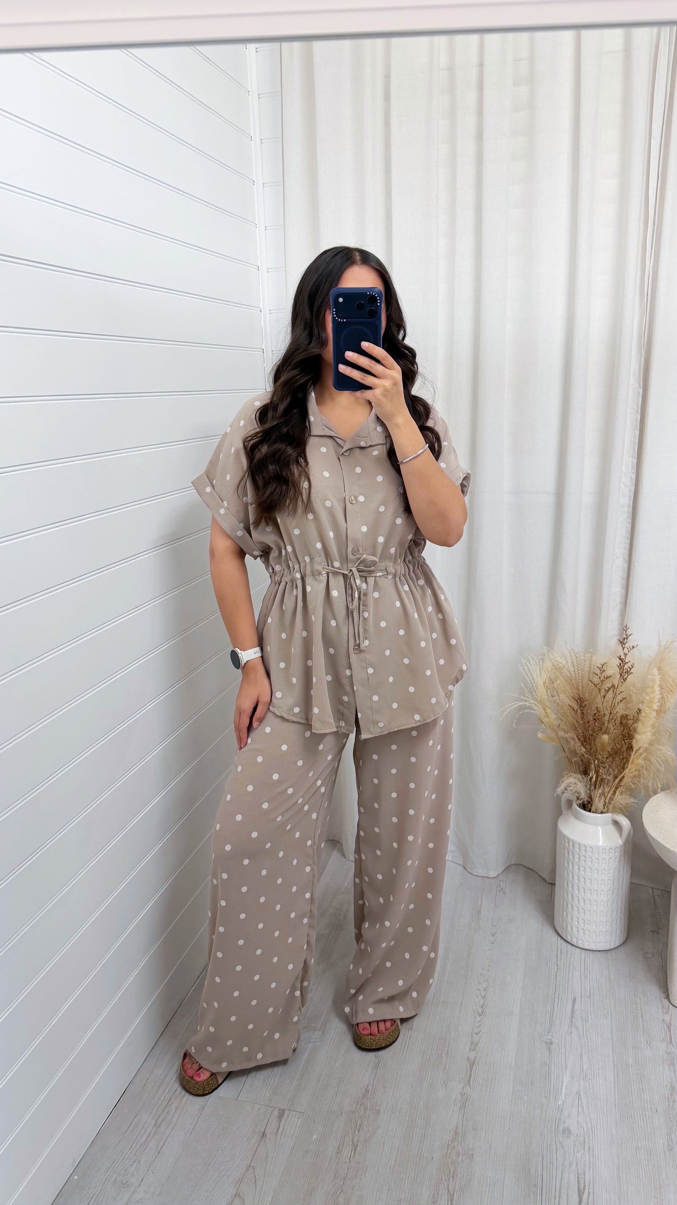 Polka Dot Cinched Shirt and Trousers Co-Ord - TAUPE