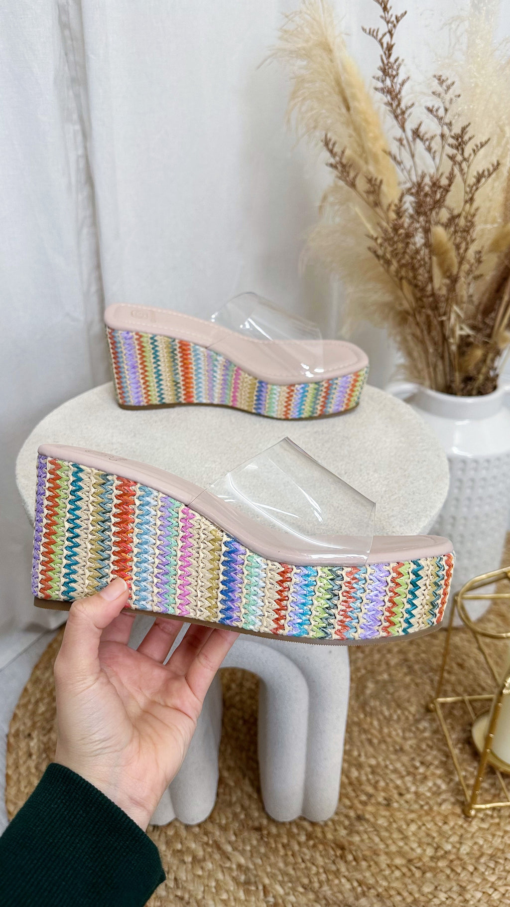 Clear Strap Platform Espadrille Wedges - LIGHT MULTI