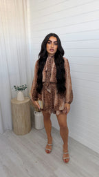 Deer Print Tie Neck Dress - BROWN