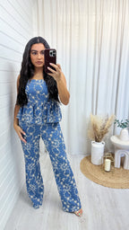 Embroidered Frill Bandeau Jumpsuit - DENIM BLUE