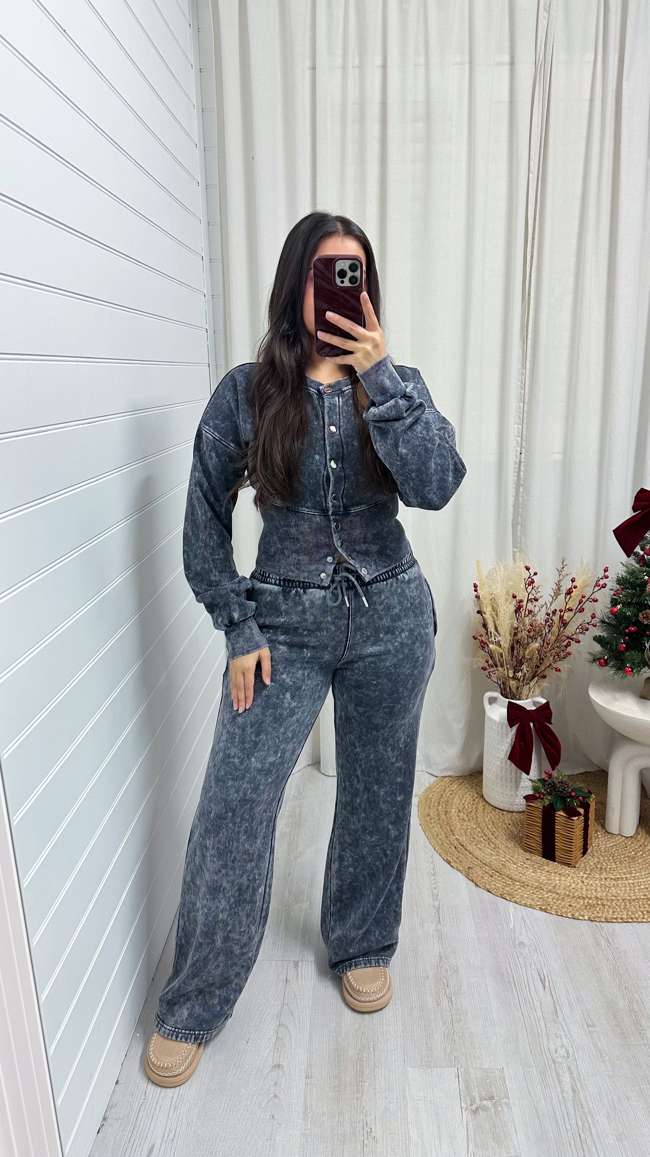 Cinched Waist Jacket and Joggers Tracksuit - ACID WASH CHARCOAL