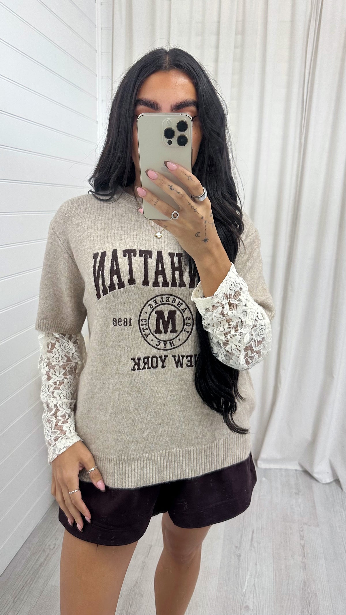 Lace Sleeve Manhattan Woollen Jumper - BEIGE