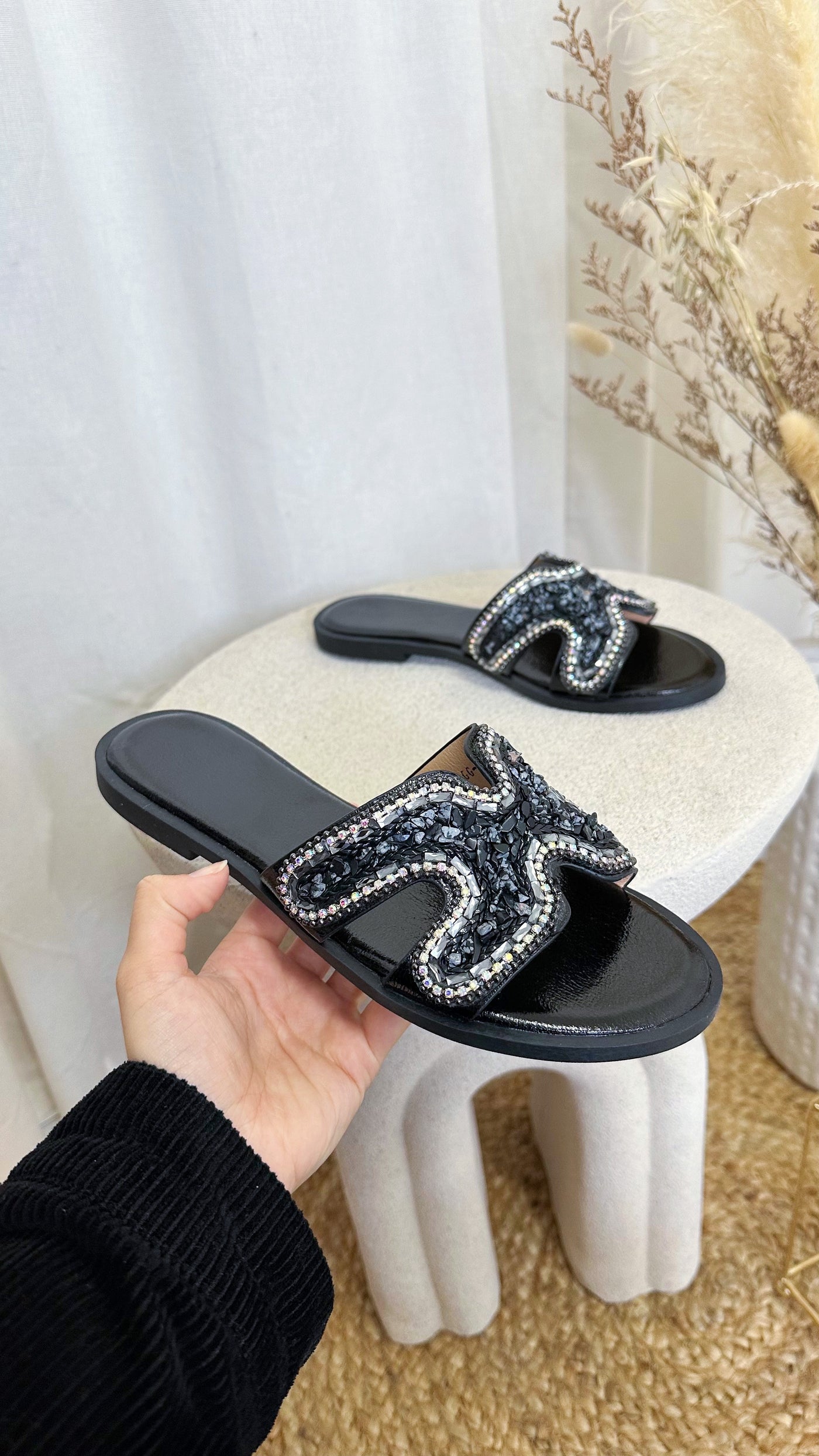 Crystal Diamante Sandals - BLACK