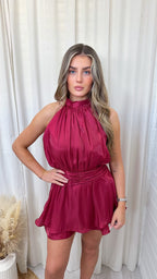 Chiffon High Neck Ruffle Hem Playsuit - WINE