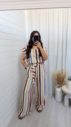 Block Stripe Frill Top and Trouser Co-Ord - BEIGE