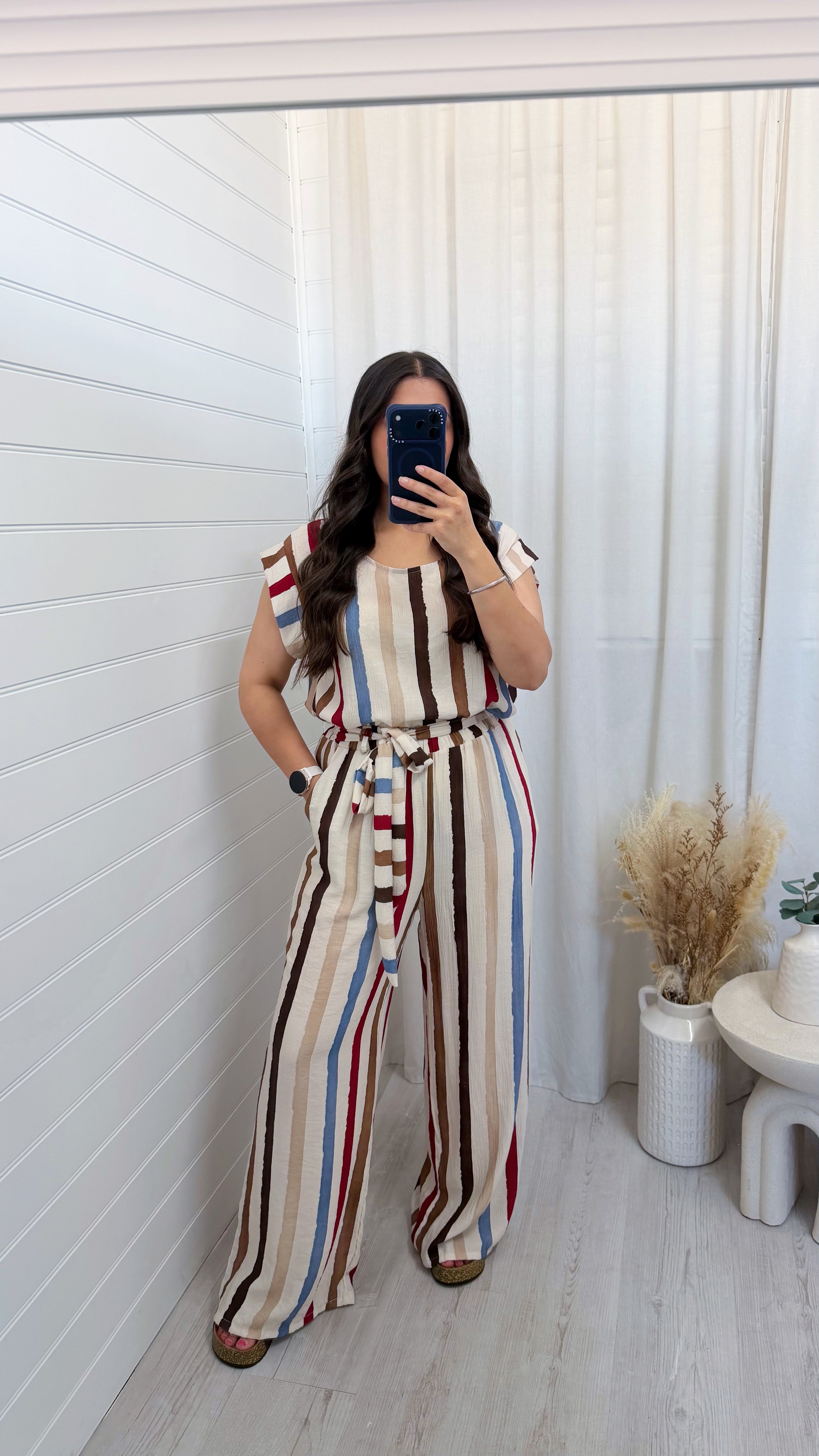 Block Stripe Frill Top and Trouser Co-Ord - BEIGE