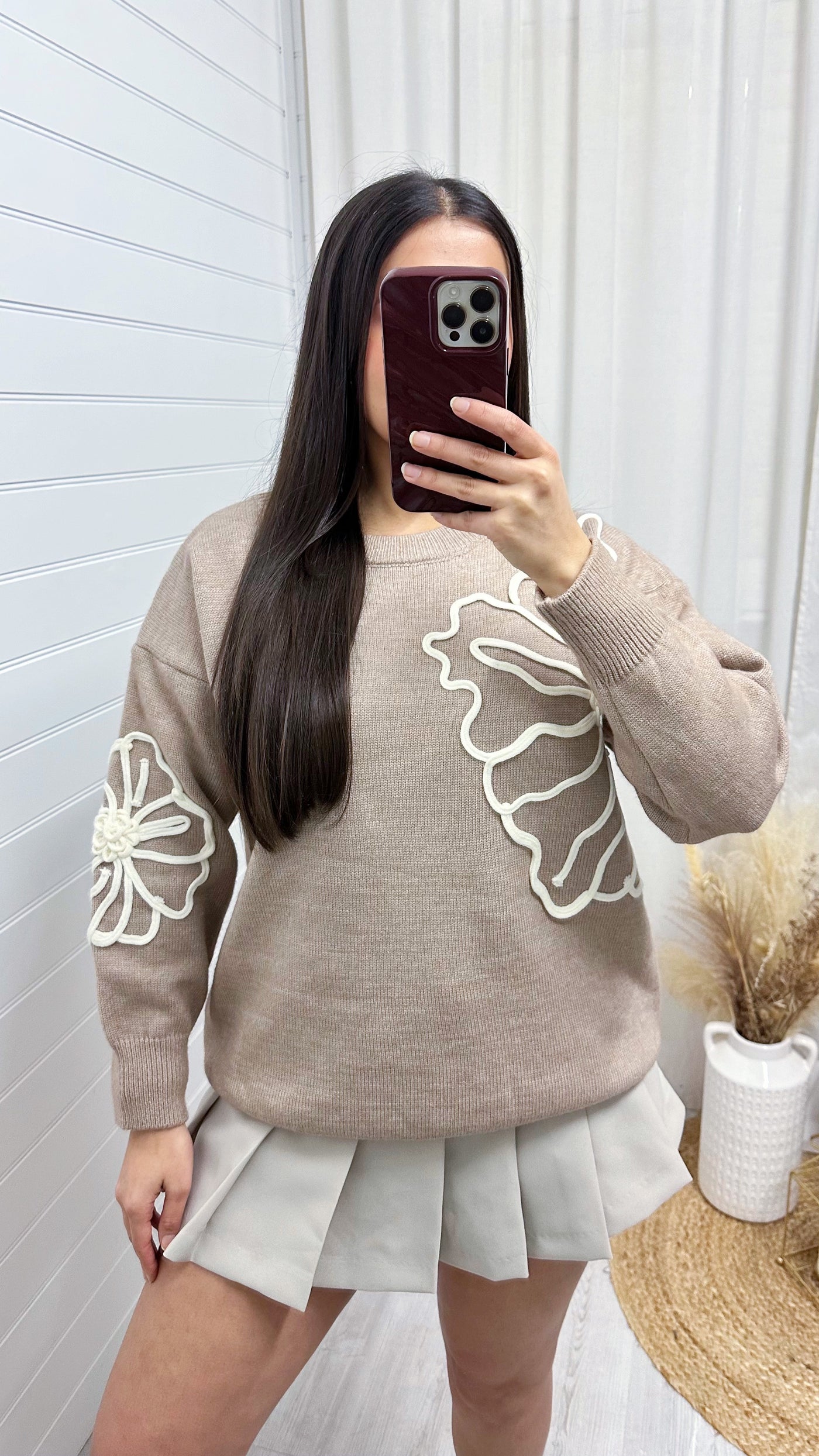 Soft Knit Oversized Flower Embroidered Jumper - BEIGE