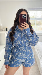 Embroidered Flower Pattern Shirt and Shorts Co-Ord - DENIM BLUE