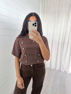 Button Front T-Shirt - BROWN