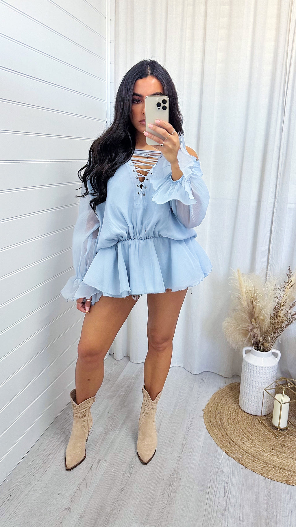 Chiffon Lace Up Peplum Top - POWDER BLUE