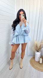 Chiffon Lace Up Peplum Top - POWDER BLUE