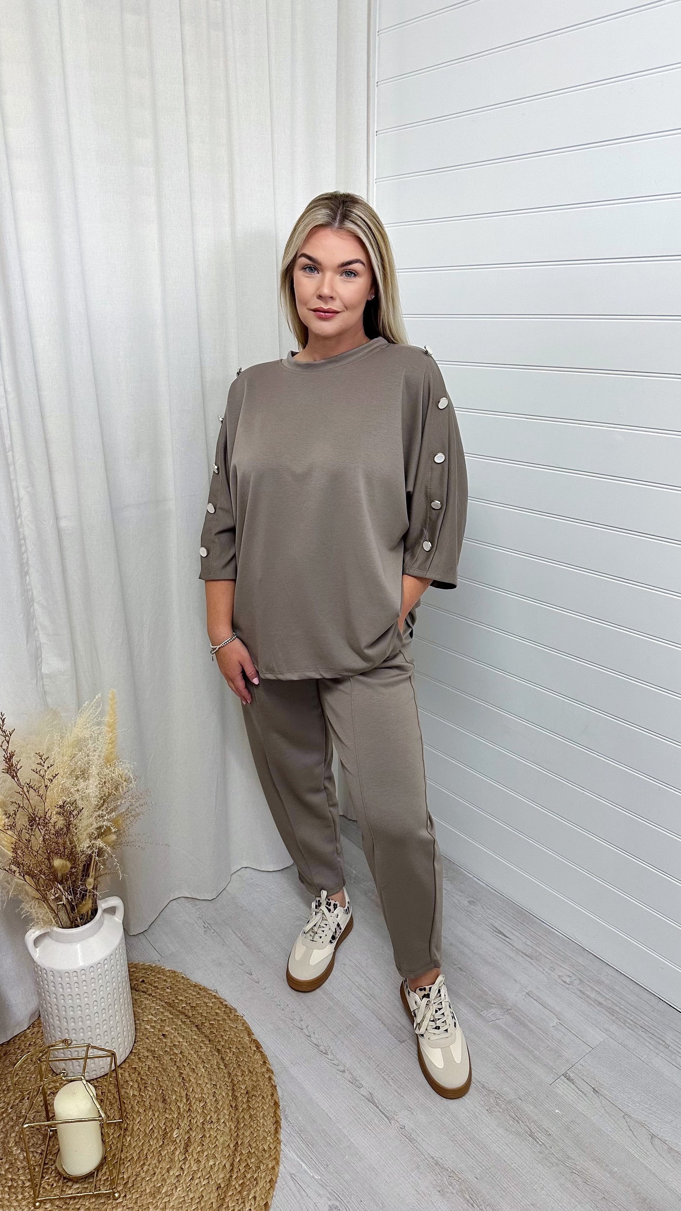 Button Shoulder Top and Barrel Fit Joggers Co-Ord - MINK