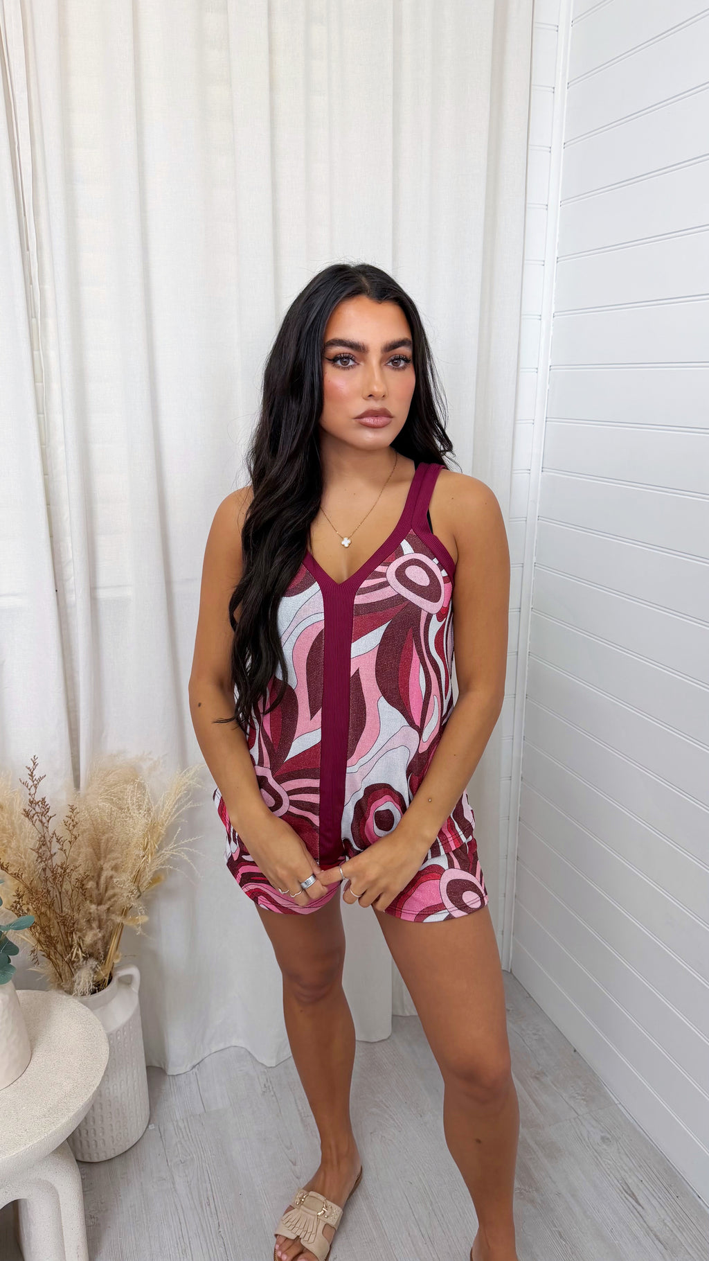 Swirly Shimmer Vest Top and Shorts Co-Ord - BURGUNDY