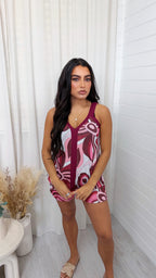 Swirly Shimmer Vest Top and Shorts Co-Ord - BURGUNDY