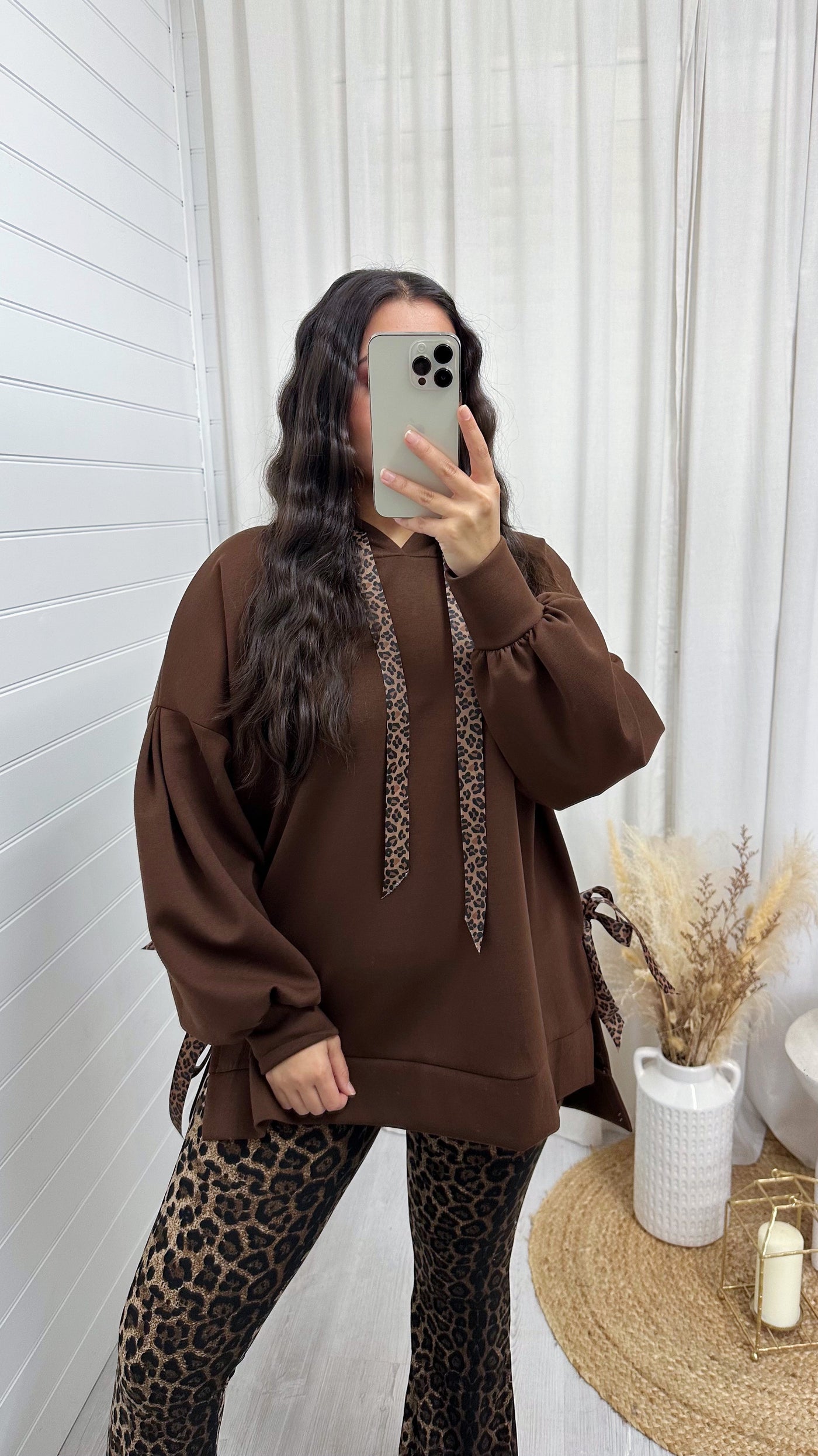 Leopard Print Ribbon Side Slit Hoodie - BROWN