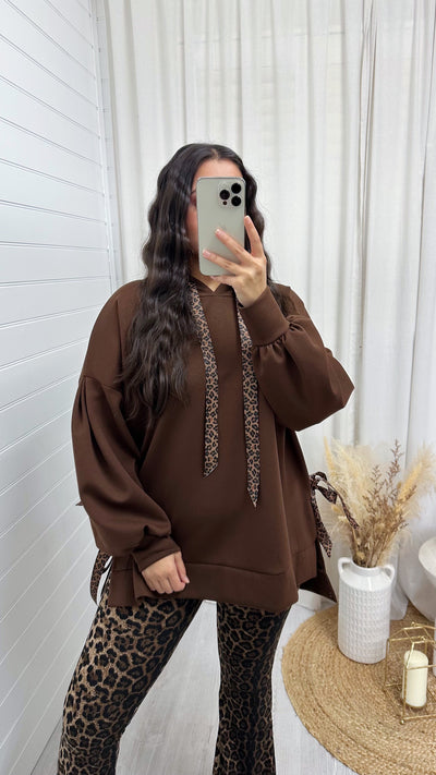 Leopard Print Ribbon Side Slit Hoodie - BROWN