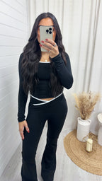Long Sleeve Top and Wrap Over Flares Gym Set - BLACK