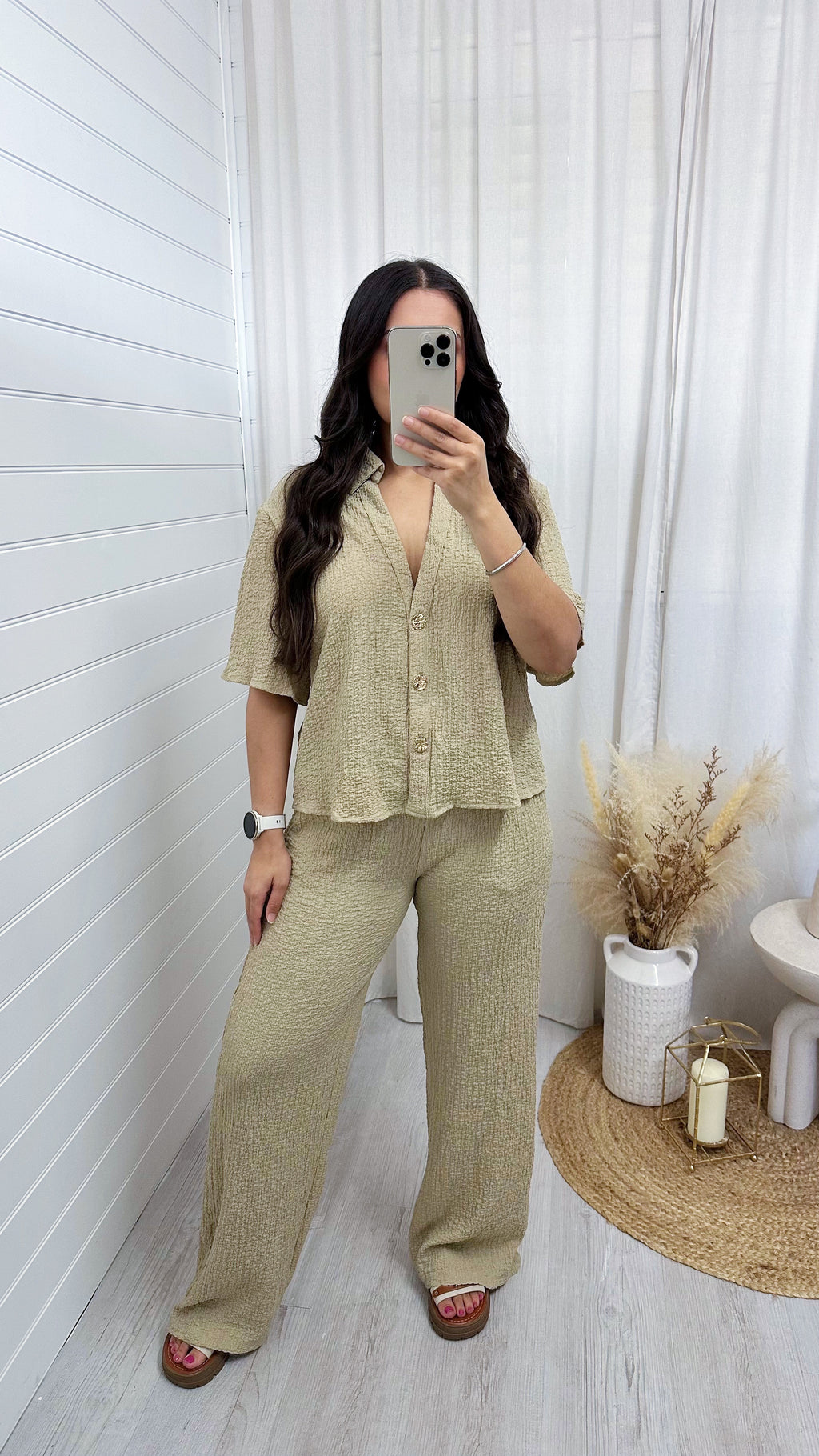 Cheesecloth Gold Button Shirt and Trousers Co-Ord - TAUPE