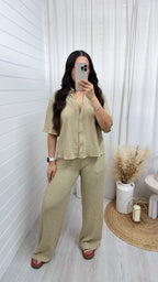 Cheesecloth Gold Button Shirt and Trousers Co-Ord - TAUPE