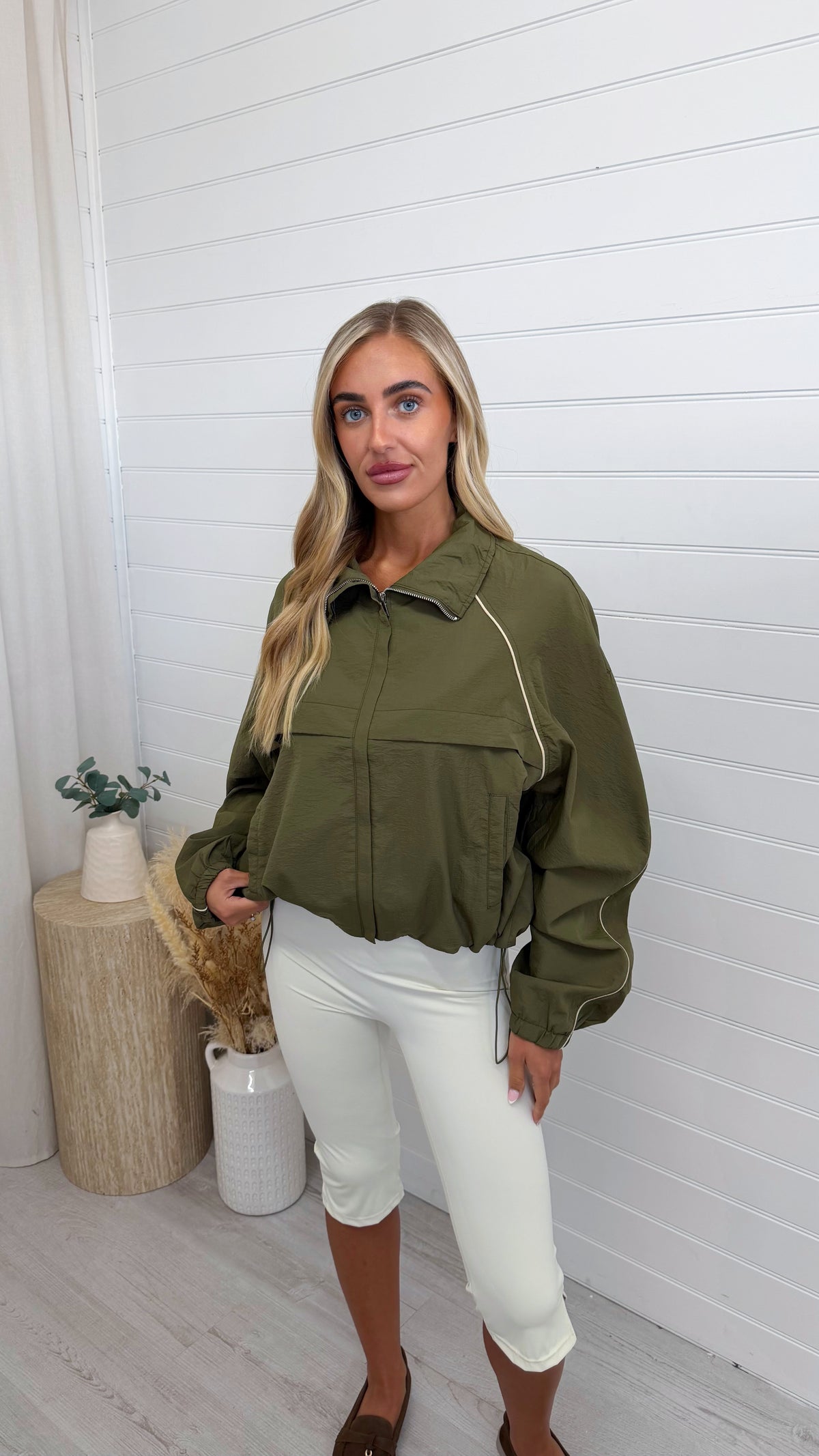 Contrast Trim Windbreaker Jacket - KHAKI