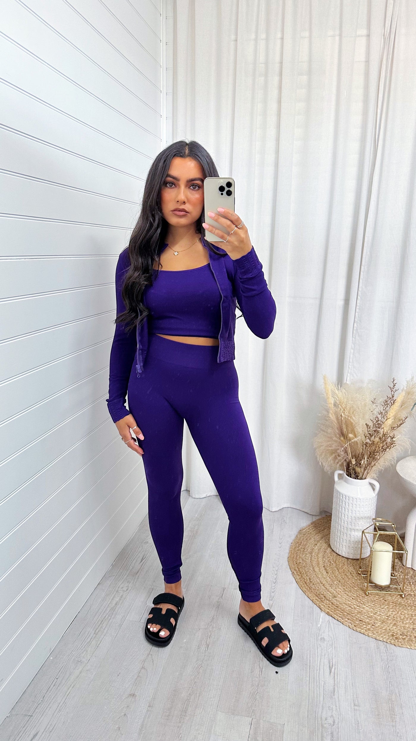 3 Piece Jacket, Crop Top and Leggings Active Set - PURPLE