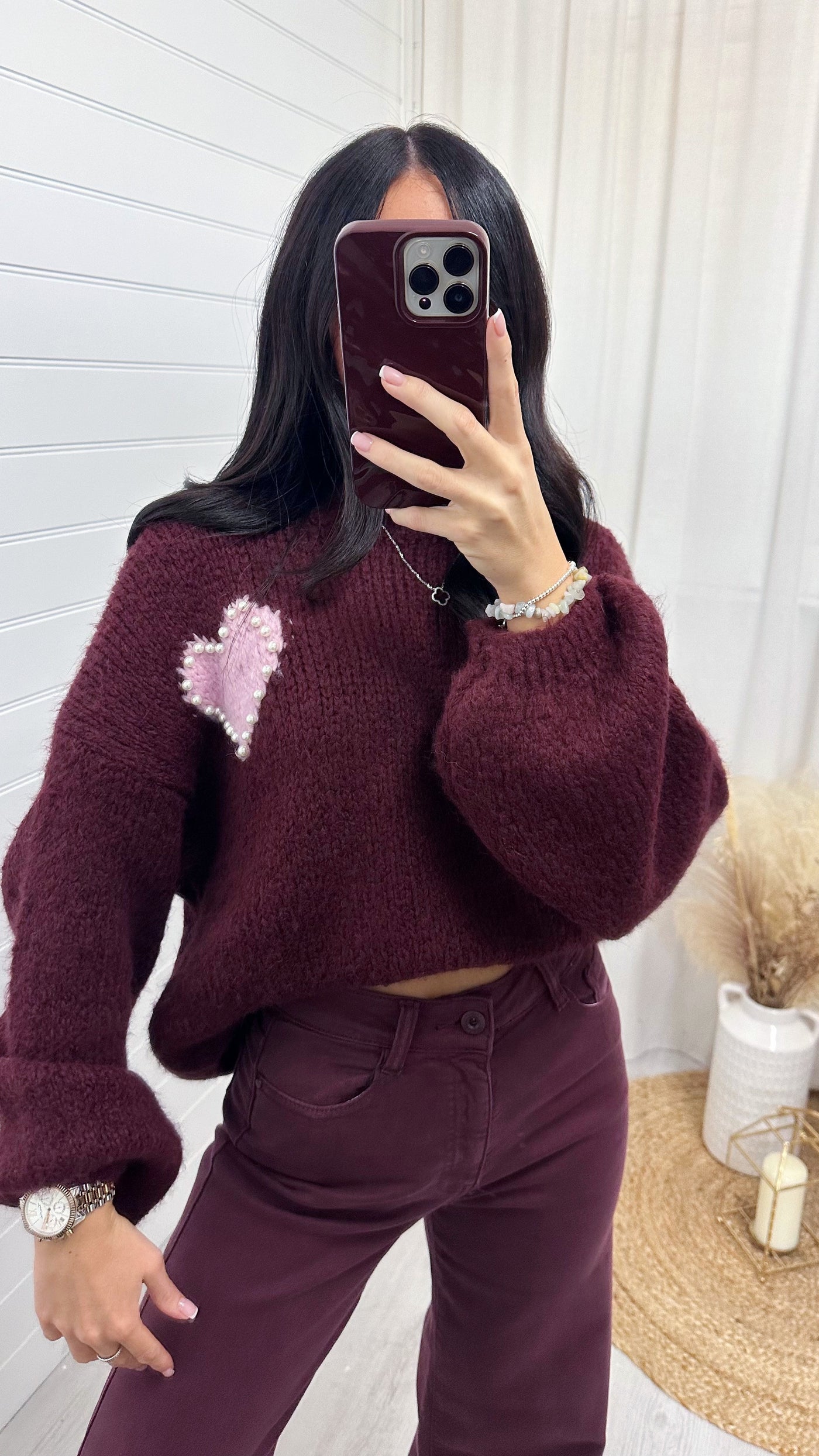 Pearl Love Heart Mohair Jumper - WINE