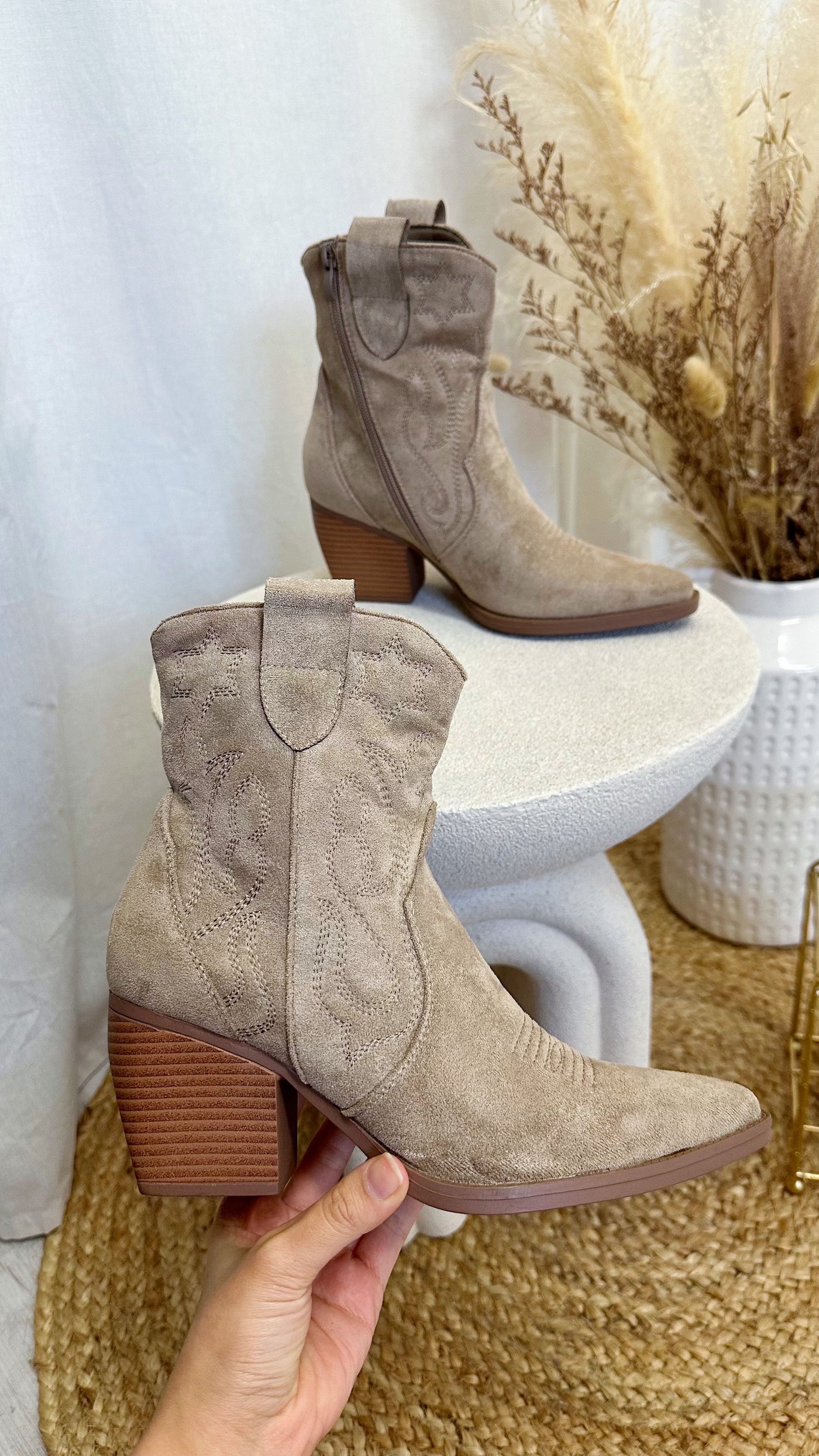 Embroidered Suede Ankle Length Cowboy Boots - TAUPE