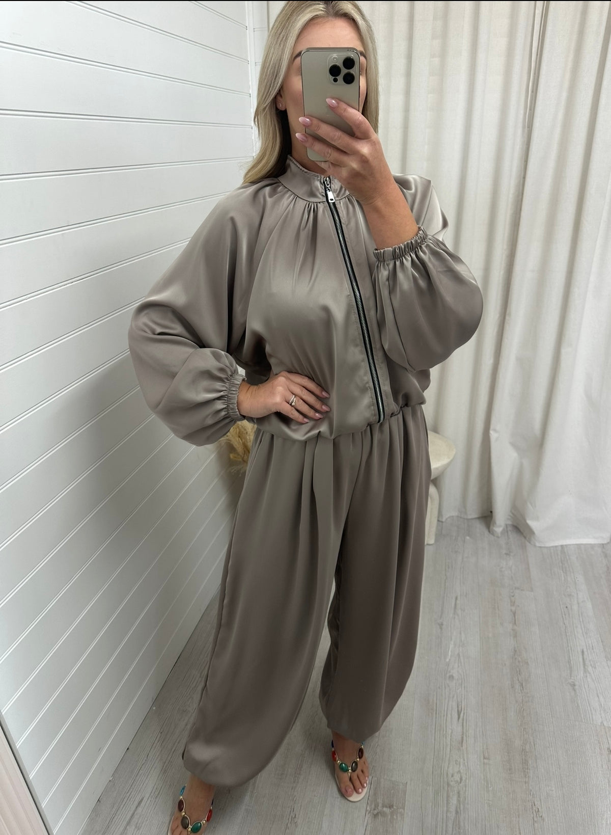 Satin Balloon Trouser Co-Ord - GREIGE