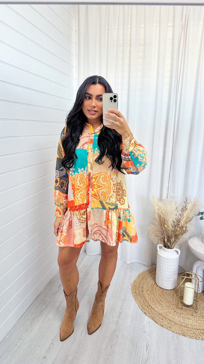 Vintage Printed Frill Hem Shirt Dress - ORANGE